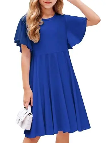 Produktbild: Arshiner Kinder Kleider Sommer Mädchen Kurzarmkleid Casual Baumwollkleid A-Line Swing Kleid Knielanges Kleid Schulanfang Partykleid Blau Frühlingskleidung mit Tasche 110-6Jahre