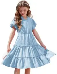 Produktbild: Arshiner Kleid Mädchen Sommer Kinder Kleid mit Rüschenärmel Elegante Partykleid V-Ausschnitt Kurzarmkleid Midikleid Blau 10-11 Jahre