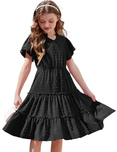 Produktbild: Arshiner Kleid für Mädchen Chiffon Kurzarm Kleider V-Ausschnitt Sommerkleid Schwarz Partykleid Kinder Lässiges Kleid Einschulung Kinderkleider 5-6 Jahre