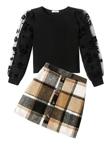 Produktbild: Arshiner Mädchen Bekleidungssets Elegante Langarmshirt mit Rock Set Kinder Herbst Winter Outfit Kariert Freizeit Mode Zweiteilig Kleidung Sets für Mädchen 10-11 Jahre