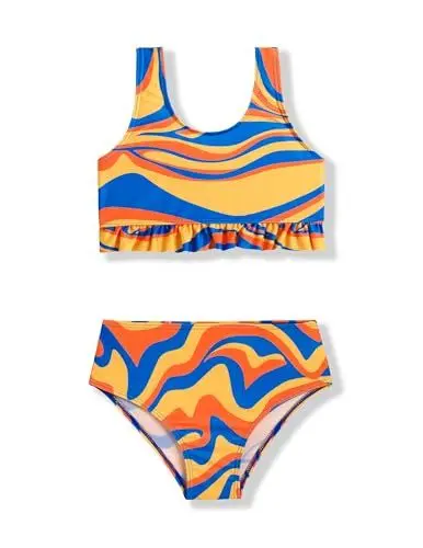 Produktbild: Arshiner Mädchen Bikini Mode Gelbe Blaue Streifen Badeanzüge Rüschen Bustier Bikinislip 2 Teilig Kinder Sommer Tankini Sets Strand Badeanzug Surf Bademode 120/5-6 Jahre