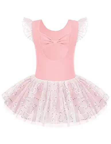 Produktbild: Arshiner Mädchen Glitzer Ballettkleidung Schleifenknoten Ballettkleid Kinder Tanz Trikots Kurze Ärmel Ballett Outfits Kleidung Tutu Kleid Rosa 120