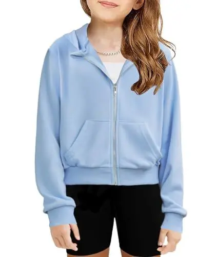 Produktbild: Arshiner Mädchen Kapuzenpullover Kurz mit Reißverschluss Kinder Hoodie Langarm Mode Pullover Herbst Winter Freizeit Langarmshirt für Mädchen 11-12 Jahre Hellblau