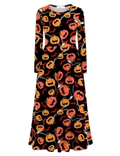 Produktbild: Arshiner Mädchen Kleid Langarm Maxikleid Halloween Kinder Maxilangkleid Einfarbig T-Shirt Kleider Herbst Winter Baumwollkleid Freizeitkleid mit Taschen Partykleid Gr. 98-152
