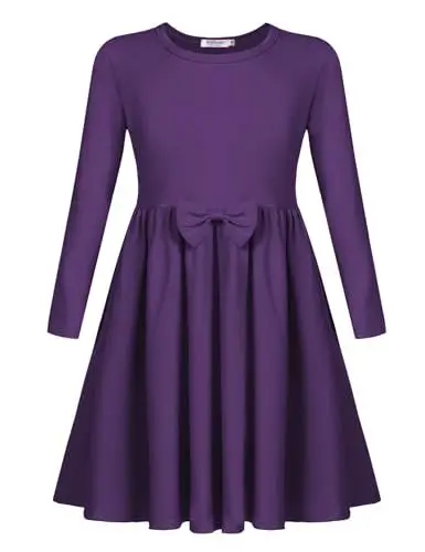 Produktbild: Arshiner Mädchen Kleider Baumwolle Kinder Langarm Kleid mit Fliege Winterkleider Herbstkleid A-Linie Festliches Rundhals Basic Freizeit Kleider für Mädchen 9-10 Dunkelviolett Jahre 140 Dunkelviolett