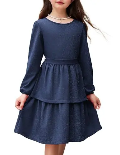 Produktbild: Arshiner Mädchen Kleider Glitzer Kinder Festliche Langarmkleid Elegant Rundhals Partykleid A-Linie Winter Herbst Freizeit Kleid für Mädchen 9-10 Jahre Marineblau