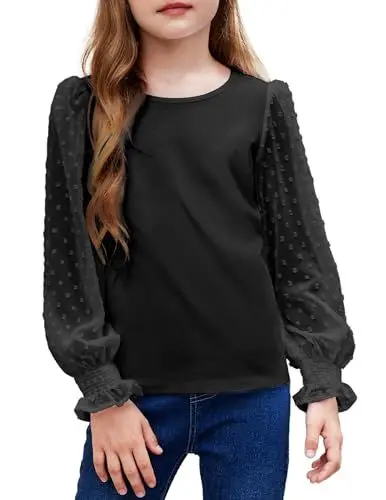 Produktbild: Arshiner Mädchen Langarmshirt mit gesmokten Rüschenmanschetten Polka Schweizer Dots Kinder Pullover Shirts Süßes Rundhals Oberteil Bluse für Mädchen Schwarz 160
