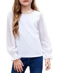 Produktbild: Arshiner Mädchen Langarmshirt mit gesmokten Rüschenmanschetten Polka Schweizer Dots Kinder Pullover Shirts Süßes Rundhals Oberteil Bluse für Mädchen Weiß 140