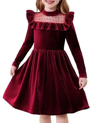 Produktbild: Arshiner Mädchen Samt Kleid Kleinkind Langarmkleid Festliche Freizeit Kleider für Baby-Mädchen Kleidanzug Weinrot 110 4-5 Jahre