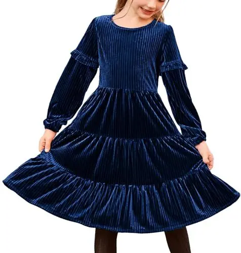 Produktbild: Arshiner Mädchen Samtkleid Elagant Blau Kinderkleid Langarm Partykleid Rundhals Ausschnitt Winterkleid Freizeitkleid Prinzessin Herbstkleid mit Tasche,Gr 8-9Jahre