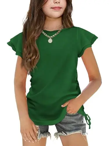 Produktbild: Arshiner Mädchen T-Shirt Grün Kinder Rüschenärmel Top Rundhals Oberteil Lässige Kinderkleidung mit Kordelzug 9-10 Jahre