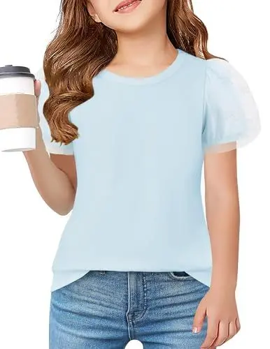 Produktbild: Arshiner Mädchen T-Shirts Blau Rundhals Kurzarm Oberteil Kinder Freizeit Mode Tops Einfarbig Bluse Sommer Kinderkleidung für Mädchen 140/9-10 Jahre
