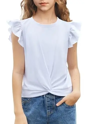 Produktbild: Arshiner Mädchen T-Shirts Sommer Fliegende Ärmel Rundhals Kurzarm Tops Lässig Mode Einfarbig Tshirt für Mädchen Weiß 130