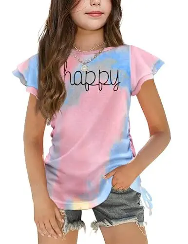 Produktbild: Arshiner Mädchen Top Kurzarm Kinder Batik T-Shirt Sommer Rundhals Oberteil Kinderkleidung mit Kordelzug 11-12 Jahre