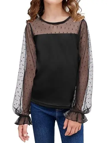 Produktbild: Arshiner Mädchen Tunika Chiffon Kinder Langarm Tshirt Laternen Ärmel Oberteile Rundhals Freizeit Elegant Herbst Winter Mode Shirt für Mädchen 9-10 Jahre Schwarz