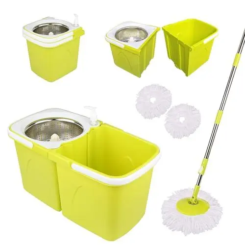 Produktbild: ARSUK Mopp- und Eimer-Sets – 2 separate stapelbare Eimer mit 2 Mikrofaser-Moppköpfen und 360° drehbarem, höhenverstellbarem Teleskopstiel