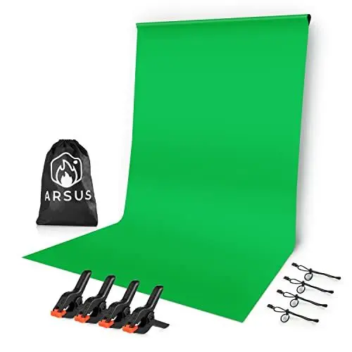 Produktbild: Arsus Greenscreen Faltbar (2,90m x 1,95m) - Grüner Fotohintergrund aus Baumwolle-Polyester-Mix mit 4 Klemmen und 4 Clips - Stoff Green Screen Leinwand Fotoshooting - Hintergrund Videokonferenz