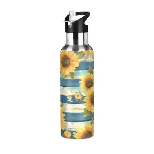 Produktbild: Art Daisy Sonnenblumenstreifen Trinkflasche Wasserflasche mit Strohhalm, Thermosflasche Vakuumisolierte aus Edelstahl 18/8, BPA-frei für Kinder Sport Wandern Schule (600ml/1L)