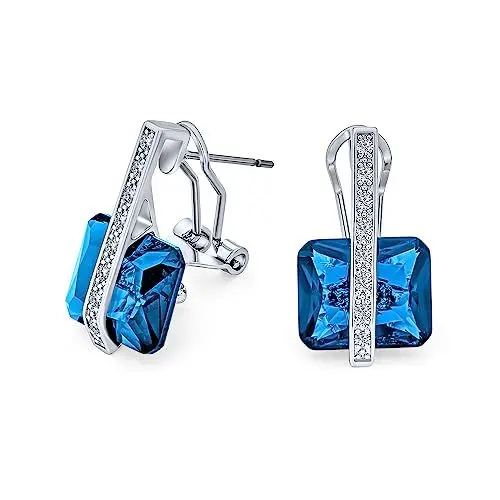 Produktbild: Art Déco Stil Quadratische Edelstein Zirkonia AAA Rechteckig Simuliert London Blue Topas Smaragdschliff CZ Tropfen Ohrringe Für Frauen Versilbert Omega Verschluss Dezember Geburtsstein