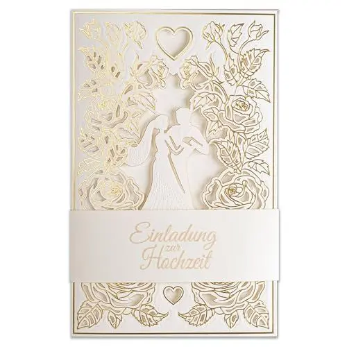 Produktbild: Art Nuvo Hochzeitseinladungen-20 St.130x205mm, Mit Bedruckbaren Einlagen Und Umschlägen Für Hochzeit, Lasergeschnitten,Mit Goldfolie Veredelt.Gepresstes Muster Mit Eingravierten Aufschriften ZAP_DE_09