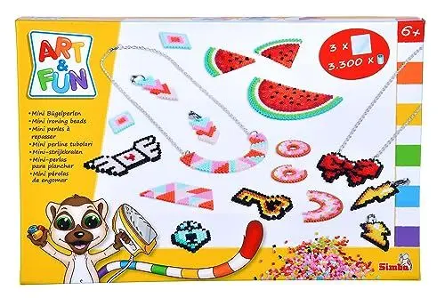 Produktbild: Simba Art und Fun Mini Bügelperlen Halskette und Ohrring, 3.300 Perlen, 3 Steckplatten, Bügelpapier, 4X Ohrclip, 2X Kette, je 44cm, 10x Metallring, ab 6 Jahren