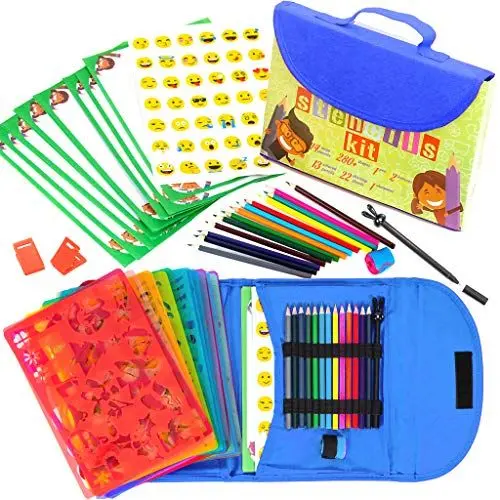 Produktbild: Art with smile Zeichenschablonen für Kinder-Set und Tragetasche – – kindersicheres, ungiftiges Schablonen-Set mit 300 Formen, Buntstiften, Papier usw. – Reise-Kunstzubehör für Kreativität, Lernen