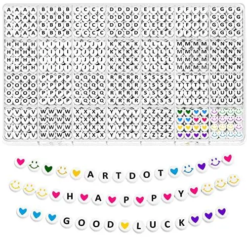 Produktbild: ARTDOT 1400 Stück A-Z Buchstabenperlen, Alphabet Perlen für Armbänder, 7 mm Perlen zum Auffädeln, Armbänder Selber Machen Buchstaben Perlen und Bunte Smiley Herz Perlen für Schmuck DIY Crafts
