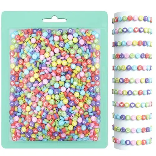 Produktbild: ARTDOT 800 Stück A-Z Buchstabenperlen, 7 mm Perlen für Armbänder, Alphabet Perlen zum Auffädeln, Schmuck Selber Machen Buchstaben Perlen und Runde bunte Smiley Herz Perlen