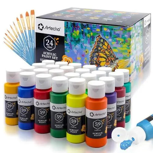 Produktbild: Artecho Acrylfarben Set 24 x 59ml mit 10-teiligem Pinsel, Acrylfarben Wasserfest und Lichtecht, Ungiftig, Acrylic Paint Set, Ideal für Leinwand, Papier und Stoffe, Geeignet für Anfänger und Profis