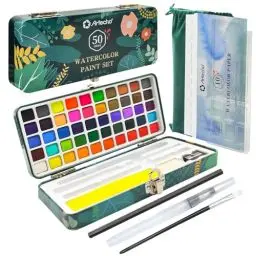 Produktbild: Artecho Aquarellfarben Set 50 Farben in Tragbarer Box Inklusive 4 Fluoreszierende, Wasserfarben with Aquarellpapier, pinsel und andere Zeichnung Werkzeuge, Ideal für Künstler und Hobbymaler