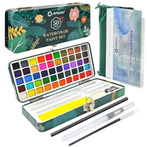 Produktbild: Artecho Aquarellfarben Set 50 Farben in Tragbarer Box Inklusive 4 Fluoreszierende, Wasserfarben with Aquarellpapier, pinsel und andere Zeichnung Werkzeuge, Ideal für Künstler und Hobbymaler