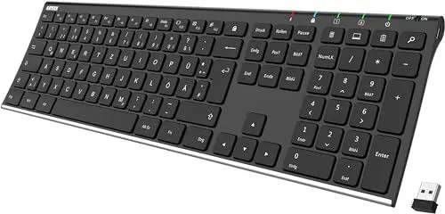 Produktbild: Arteck Kabellose Tastatur, Deutsches QWERTZ Layout Edelstahl Wiederaufladbare USB Anschluss 2,4 GHz Kabellos Tastatur mit Multimedia, Kompatibel mit PC, Computer, Notebook, Laptop, Windows 11, 10, 8
