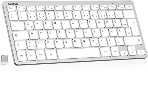 Produktbild: Arteck Kabellose Tastatur, Deutsches QWERTZ Layout Kompakte USB 2,4 GHz Mini Kabellos Tastatur mit Multimedia-Tasten, Kompatibel mit PC, Notebook, Laptop, Windows 11, 10, 8 Silber