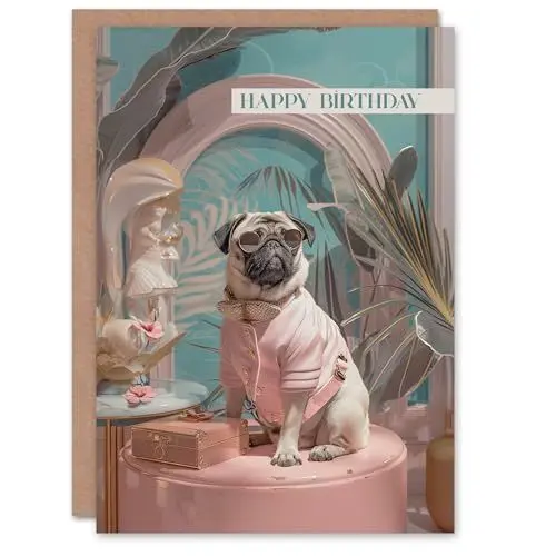 Produktbild: Artery8 Birthday Card Luxury Pug Dog Lover Fashion Pet Portrait for Her Gran Sister Niece Daughter Wife Woman Greeting Card