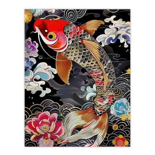 Produktbild: Artery8 Colourful Koi Carp Tattoo Artwork Lotus Flowers Living Room Extra Large XL Wall Art Poster Print