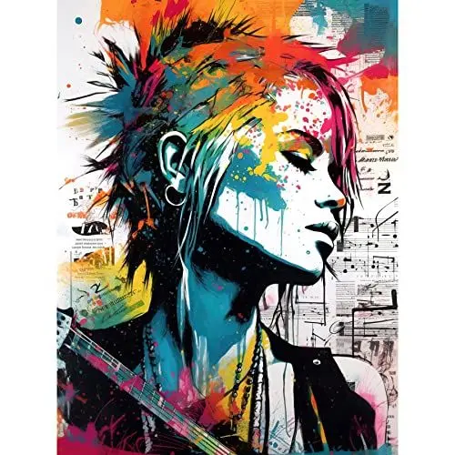 Produktbild: Artery8 Emo Woman Electric Guitar Sheet Music Upcycle Art Splatter Paint Modern Painting Premium Wall Art Canvas Print 18X24 Inch