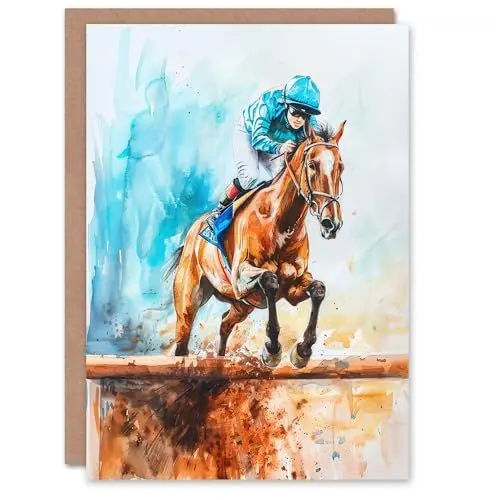 Produktbild: Artery8 Greeting Card Horse Jockey Jump Hurdles Obstacle Watercolour Blank For All Him Or Her Art Birthday Card