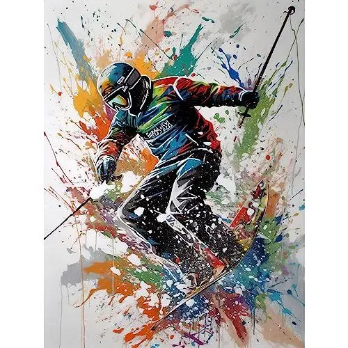 Produktbild: Artery8 Skier Skiing Multicoloured Paint Splat Action Shot Large XL Wall Art Canvas Print