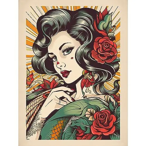 Produktbild: Artery8 Tattoo Pin Up Girl Roses Rockabilly Americana 50s Large XL Wall Art Canvas Print