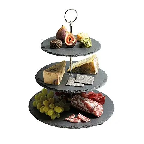 Produktbild: Artesà Dreistöckiger Kuchenständer aus Schiefer Servierset, Kuchenständer Set, 28.5x34.5cm, Geschenkbox, Slate Grau/Silber
