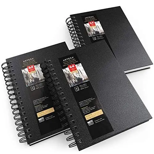 Produktbild: Arteza Aquarellpapier Skizzenbücher, 13.97 x 21.59 cm, 3er-Pack, schwarzes Hardcover Skizzenbuch, 96 Blatt, 300 g/m² Aquarellbuch, Ringbuch für Aquarell, Gouache, Acryl, Bleistifte