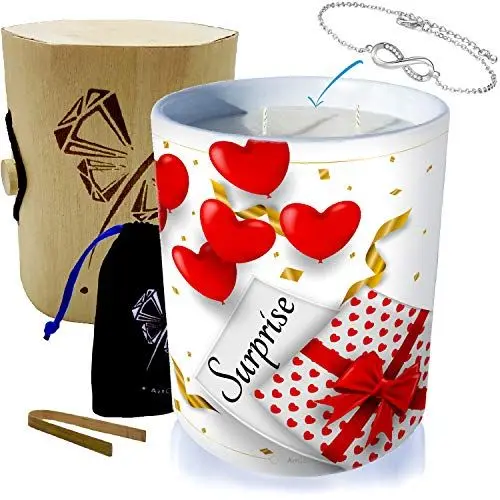 Produktbild: ArtGosse - Überraschungs-Kerze mit Schmuck Monoï Duft aus Tahiti - Schmuckstück mit Swarovski®-Kristallen verziert - Duftkerze 60 Stunden Brennzeit - Geschenkbox aus Holz - Infinity Armband Silber