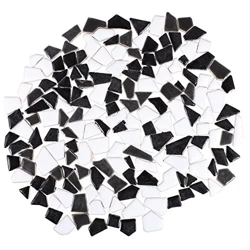 Produktbild: Artibetter Mosaikfliesen Keramik Unregelmäßig Mosaikstein Bunt Mosaikstücke für DIY Basteln Wand Blumentopf Vasen Bilderrahmen Spiegel Deko 200g Schwarz Weiß