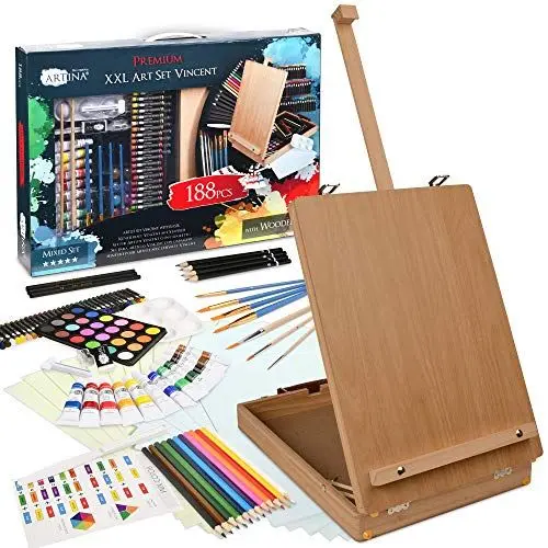 Produktbild: Artina 188tlg Malset Vincent mit Kofferstaffelei - XXL Malkoffer Set mit Acrylfarben, Ölkreide, Aquarelle, Pinselset uvm - Künstlerset mit Staffelei Koffer für Einsteiger & Hobbymaler
