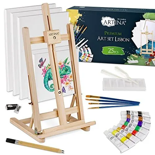 Produktbild: Artina 25tlg. Premium Malset mit Tischstaffelei Lisbon – Malutensilien Künstler Set 8x 12ml Acryl Farben Set, 5x Leinwand Set, Pinsel – Mal Set für Erwachsene Kinder – FSC® Staffelei Set