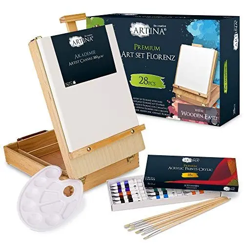 Produktbild: Artina 28tlg Malset Florenz im Malkoffer - Acrylfarben Set mit Kofferstaffelei - 18x 12ml Acrylfarbe, Keilrahmen, Pinsel & mehr - Premium Malset Staffelei aus Holz für Einsteiger & Hobbykünstler