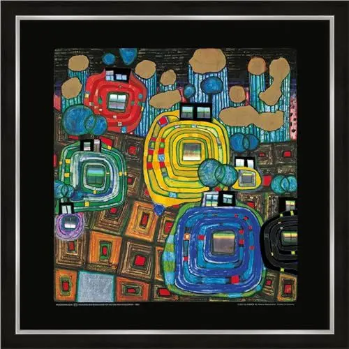 Produktbild: artissimo, Premium-Kunstdruck gerahmt, 53x53cm, AG4685, Friedensreich Hundertwasser: Pavilions and Bungalows, Bild mit Rahmen, Wandbild, Poster, Wanddekoration