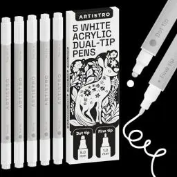 Produktbild: ARTISTRO 5 weiße Acrylstifte, Kunstset, Acrylfarbenmarker mit Doppelspitze (fein 1 mm + Punkt 5 mm), Zeichenset, Marker für Textilien, Leinwand, Stein, Glas, Holz, Papier, Heimwerkerbedarf, Farbmarker