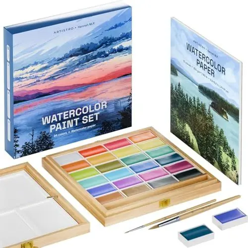 Produktbild: Artistro x HANNAH M.P Aquarellfarben-Set, limitierte Auflage, 24 Farben in Bambus-Holzbox (6 ml XL-Pfannen) – 2 Pinsel, Aquarellpapier, Mischtablett – Reise-Aquarell-Set für Anfänger und Profis