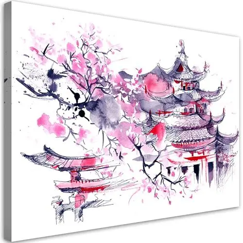 Produktbild: Artivio Vlies - Leinwand Bilder - Japanische Kirsch Pagode Aquarell - Canvas 60x40 cm - Deko Wohnzimmer - Wandbilder Schlafzimmer - Deko Aesthetic - Wand Deko - Deko Zimmer - Leinwandbilder XXL